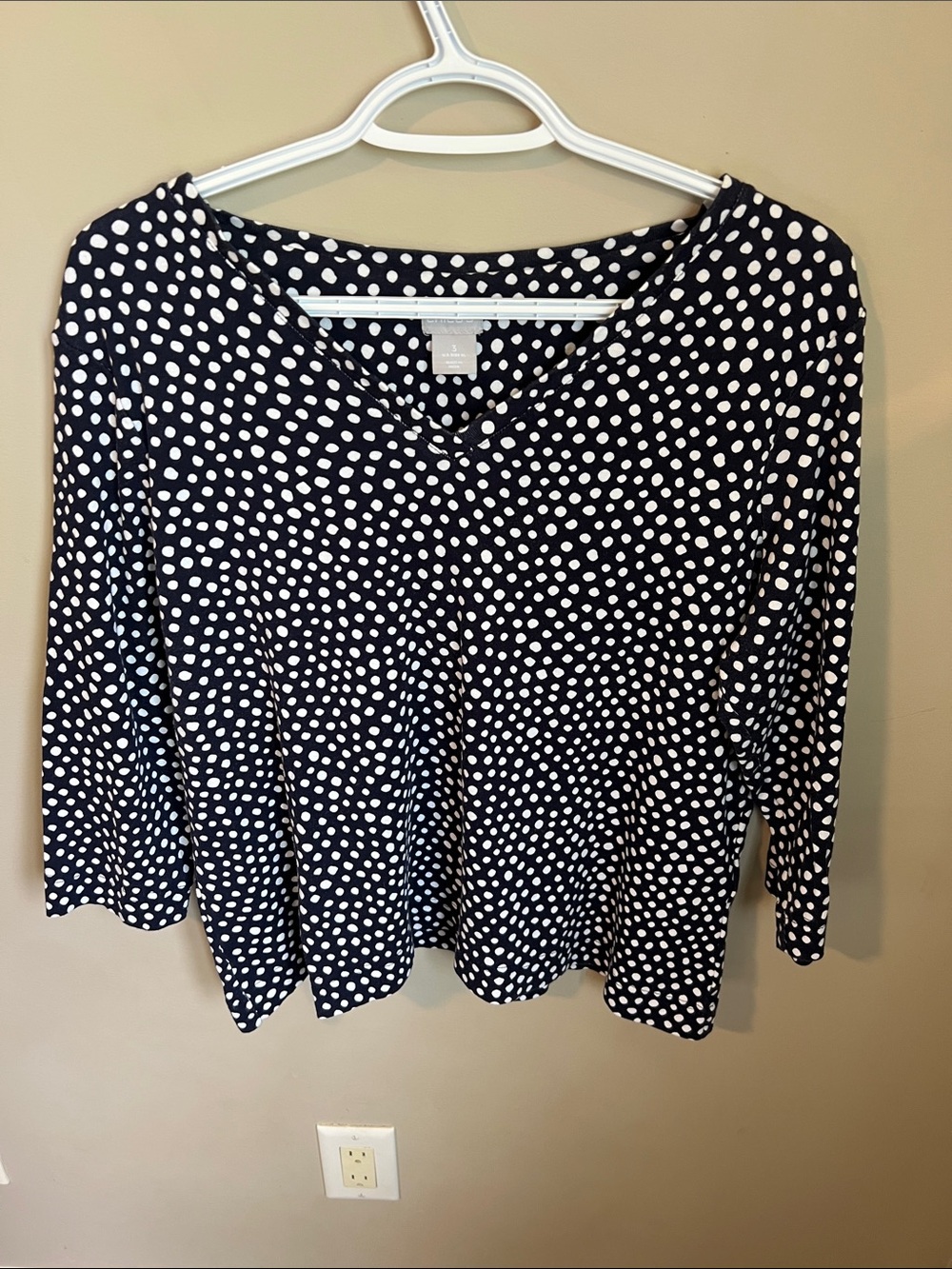 Chico's Navy Blue White Polka Dot V-Neck 3/4 Sleeve Pima Cotton Top Size 3/US XL